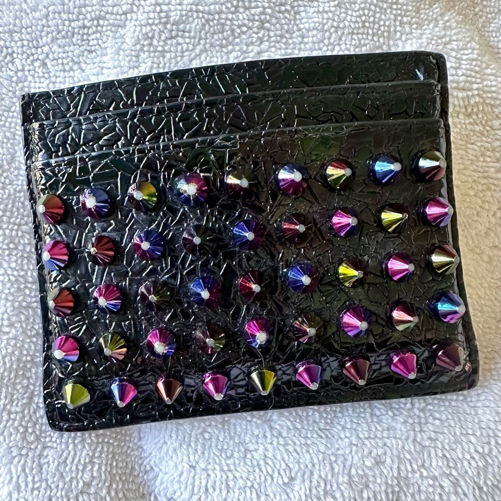 Christian Louboutin black patent card holder with metallic multicolor spikes